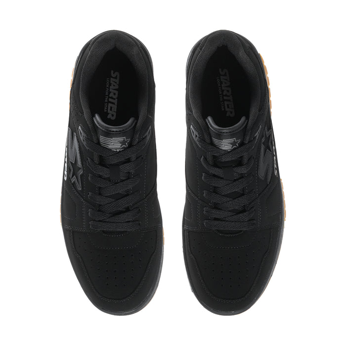 Men's black low-top sneakers showing tongue and lace area with cushioned collar