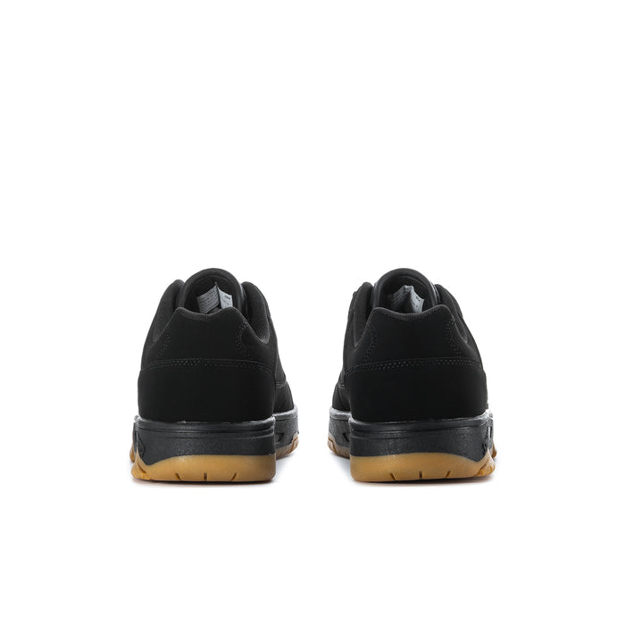 Men's black low-top sneakers with rear logo detail and gum outsole heel