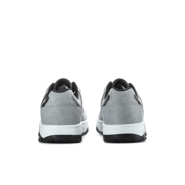 Men's grey low-top sneakers, rear view with black heel lining and white midsole