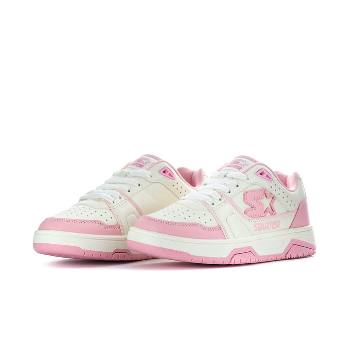 Pair of white and pink lace-up sneakers with star graphic and pink outsole