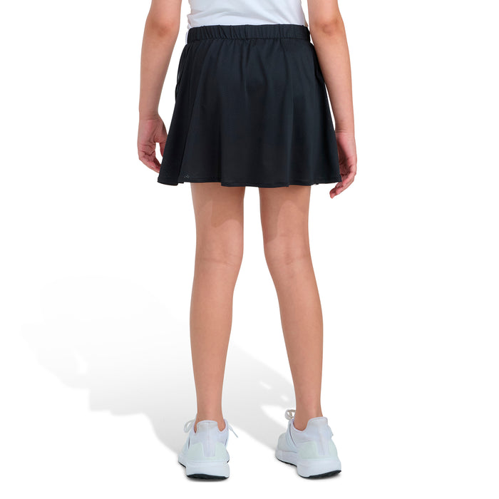 Youth black skort with elastic waistband and pleated A-line skirt silhouette