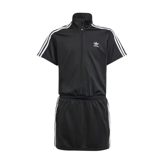 Youth black zip-front athletic dress with short sleeves and white triple stripe accents