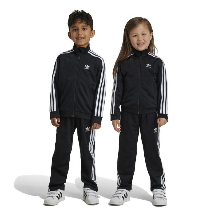 Kids black track set with white side stripes, zip jacket and matching pants