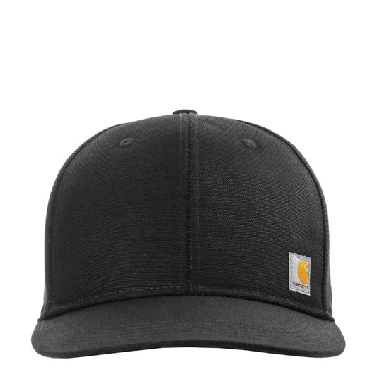 Black firm duck flat-brim cap with small Carhartt logo patch on side