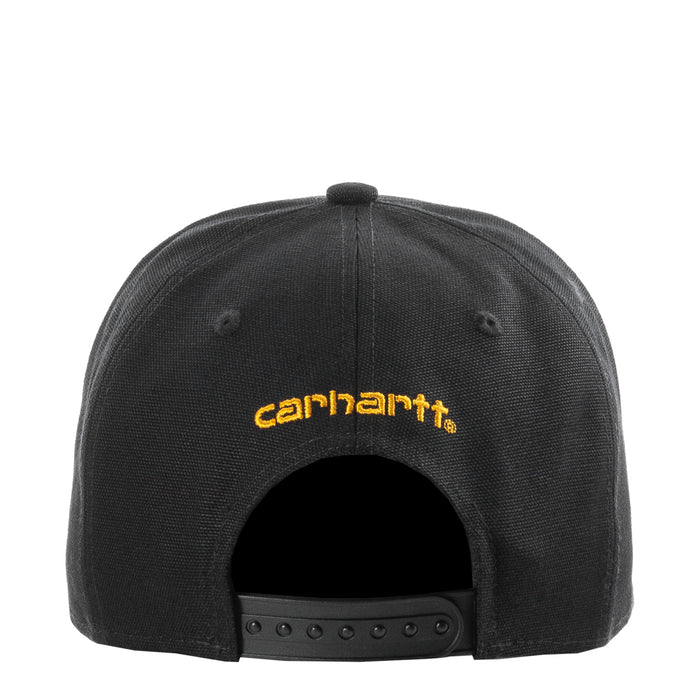 Black cap with Carhartt yellow logo on back and metal eyelet strap