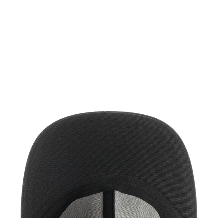Black cap crown close-up with stitched seams and small ventilation holes