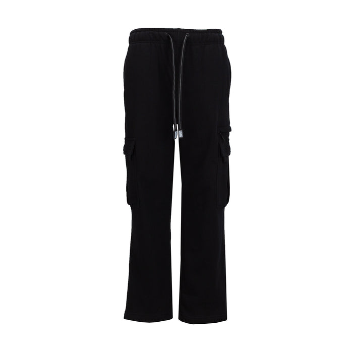 Women's black fleece cargo sweatpants, drawstring waist, zip front, side cargo pockets