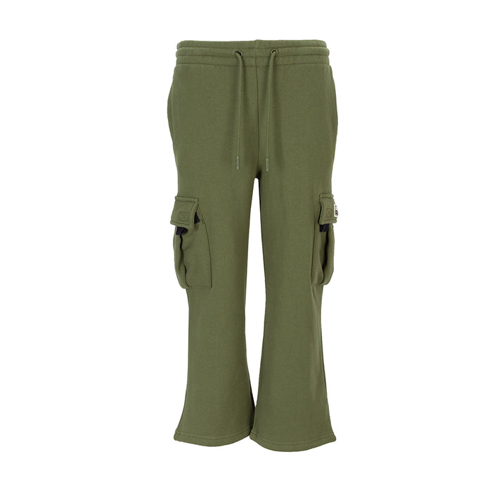 Youth olive fleece cargo sweatpants with drawstring waist and side cargo pockets