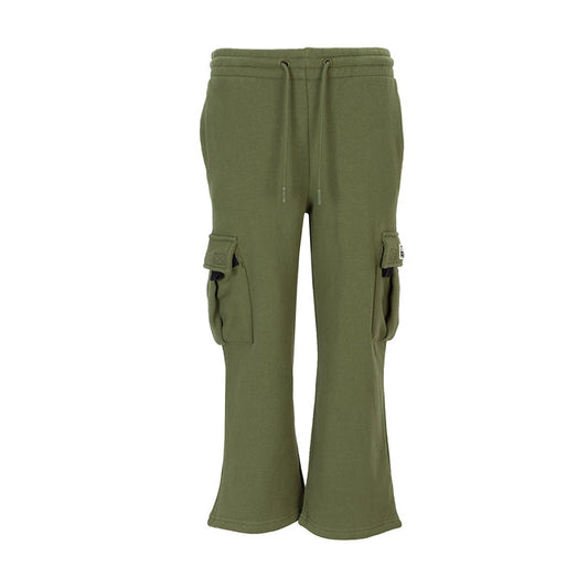 Youth olive fleece cargo sweatpants with drawstring waist and side cargo pockets