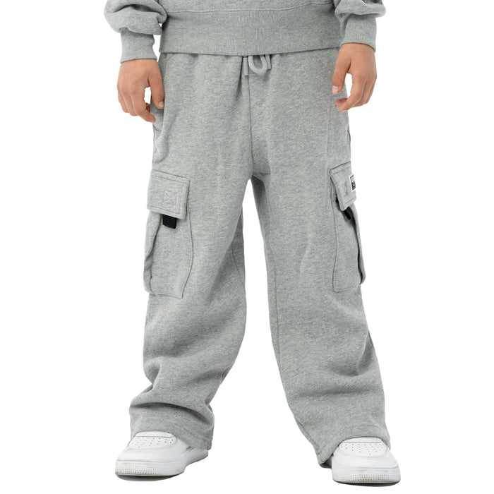 Youth fleece cargo sweatpants in heather grey with drawstring waist and side pockets