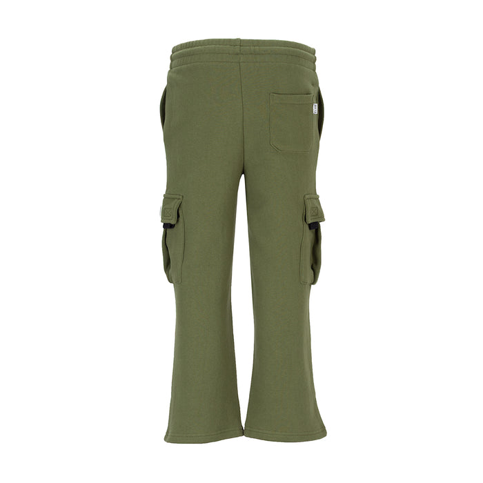 Youth olive fleece cargo sweatpants with cargo pockets and back seam detail