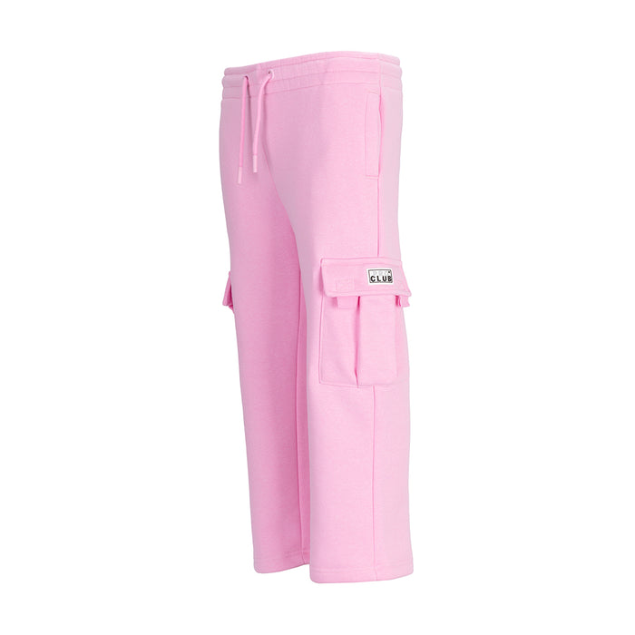 Youth pink fleece cargo sweatpants, side view with flap cargo pocket and drawstring