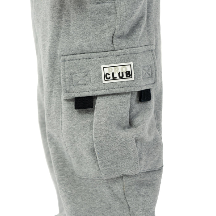 Heather grey fleece cargo sweatpants pocket with PR CLUB label