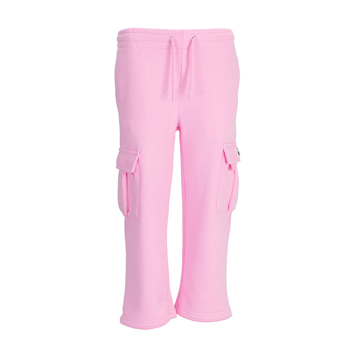 Youth pink fleece cargo sweatpants, front view with drawstring and side cargo pockets