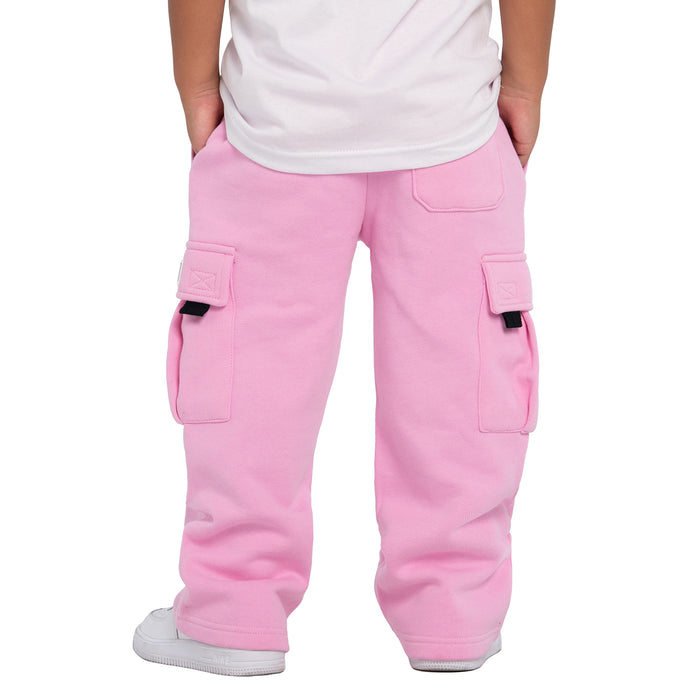 Youth pink fleece cargo sweatpants front view with two side cargo pockets and elastic cuffs