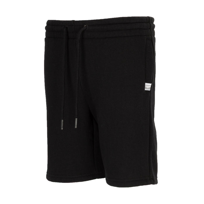 Youth black fleece oversized sweat shorts, side view with drawstring and pocket