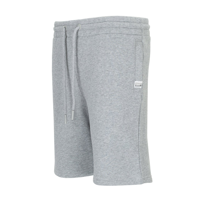 Youth heather grey fleece sweat shorts, side view, drawstring and pockets