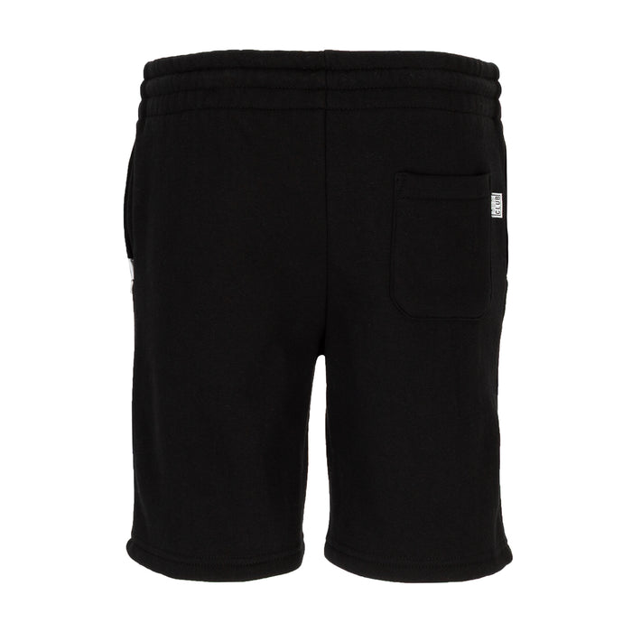 Youth black fleece oversized sweat shorts, back view with side pocket