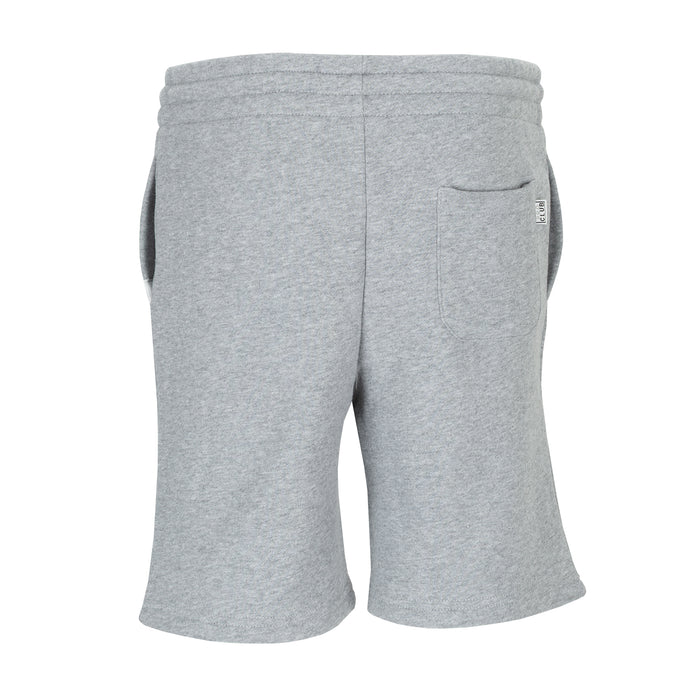 Youth heather grey fleece sweat shorts, back view with patch pocket