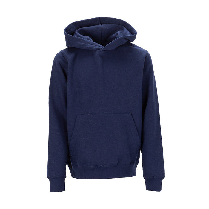Youth navy fleece pullover hoodie with hood and front kangaroo pocket