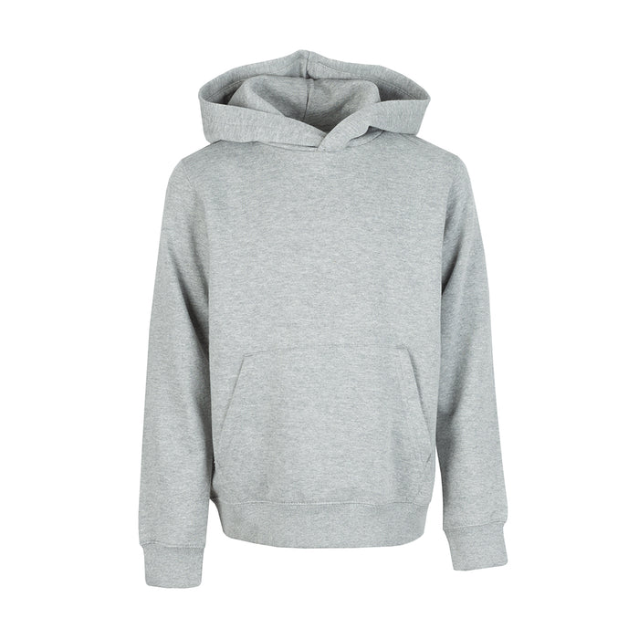 Heather grey youth fleece pullover hoodie with hood and front pocket