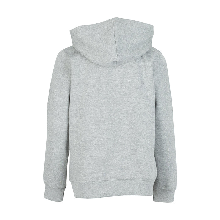 Heather grey youth fleece pullover hoodie, back view with full hood