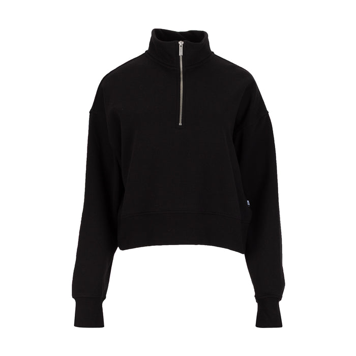 Black women's fleece quarter-zip pullover, high neck, long sleeves, cropped hem