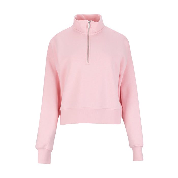 Women's fleece quarter-zip pullover in light pink, front zip, long sleeves, stand collar