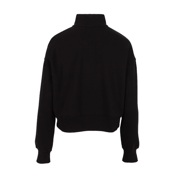 Black women's fleece pullover back view, high neck, long sleeves, cropped hem