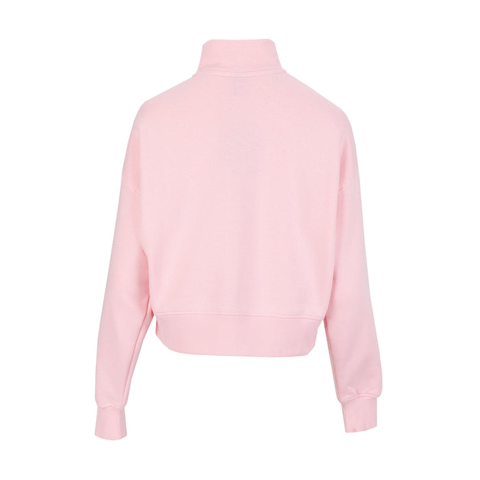 Women's fleece quarter-zip pullover back view in light pink, long sleeves with ribbed cuffs