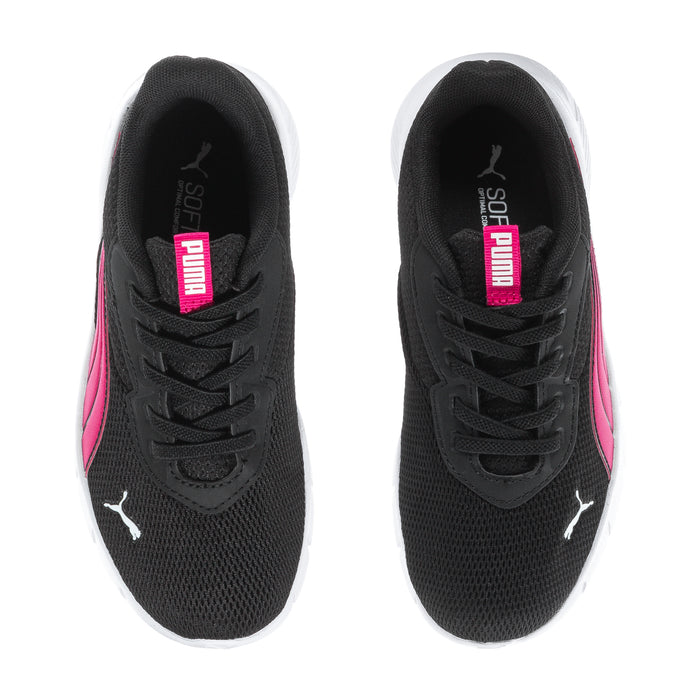 Kids black sneakers with pink logo label on tongue and lace-up front