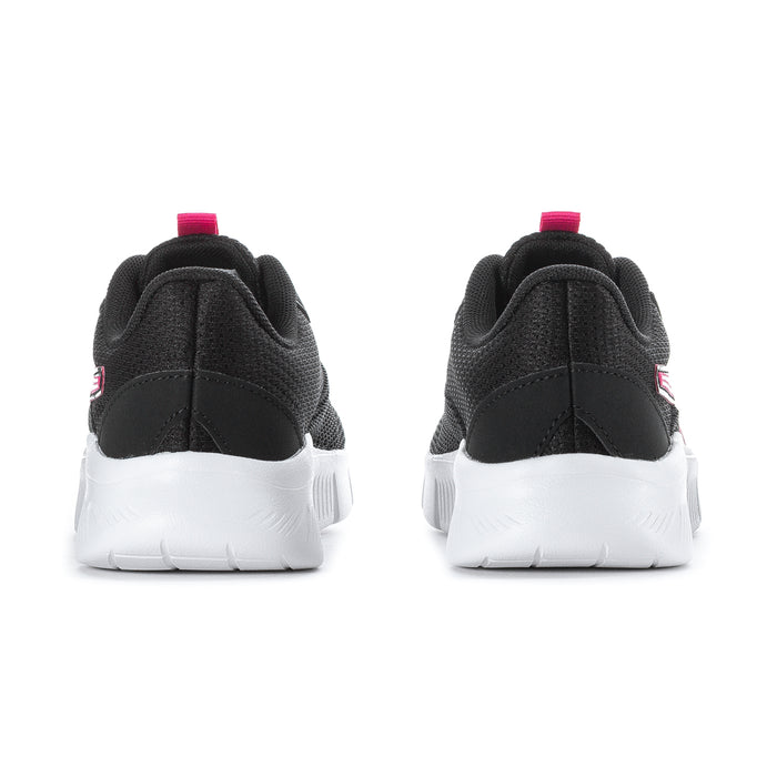 Kids black sneakers with white heel wrap and pink heel tab