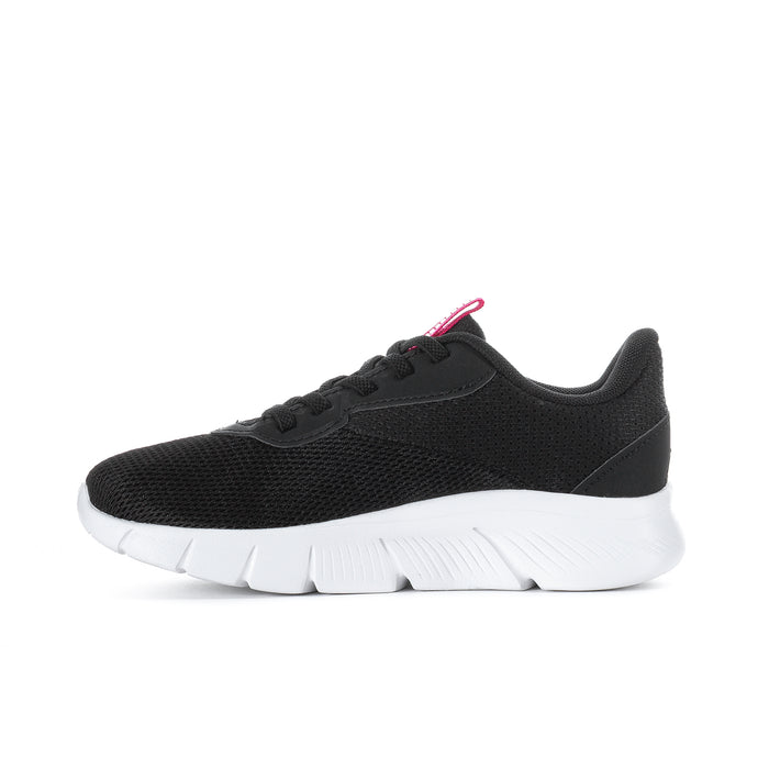 Kids black low-top sneaker with pink accent top collar and white cushioned sole