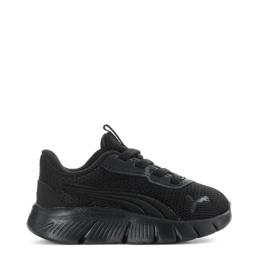 Kids black sneaker with mesh upper, lace-up front, and chunky sole