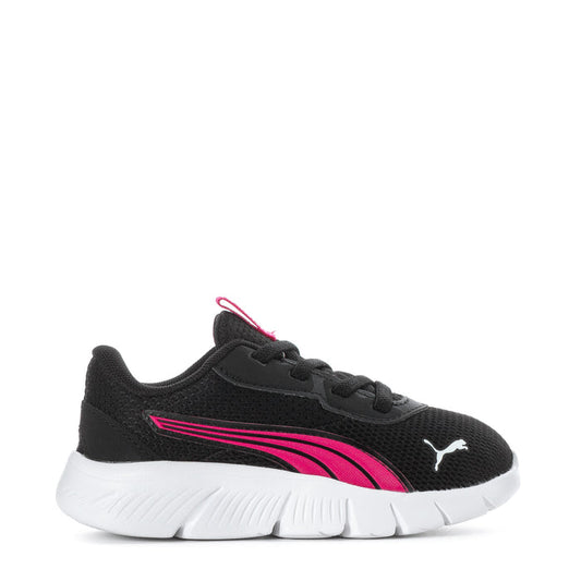 Black toddler sneakers with pink stripe and white cushioned sole