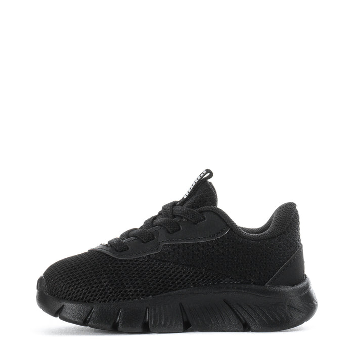 Kids black lace-up sneaker with mesh upper and molded side panels