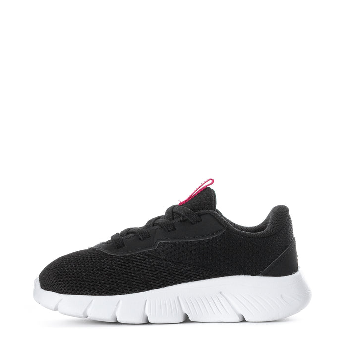 Black toddler sneakers, lace-up with white sole and pink accent tab