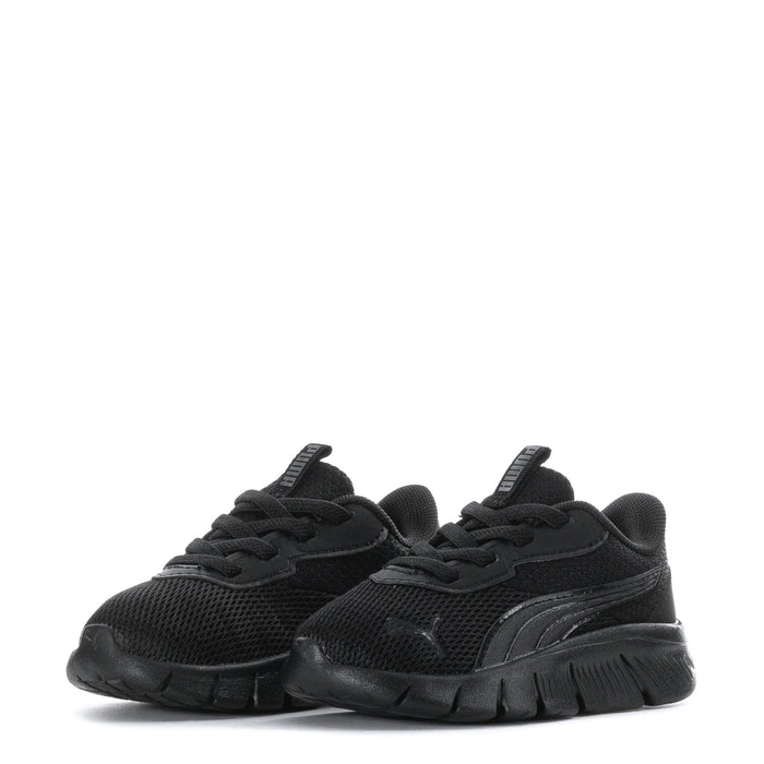 Kids black lace-up sneakers with textured side stripe and thick sole
