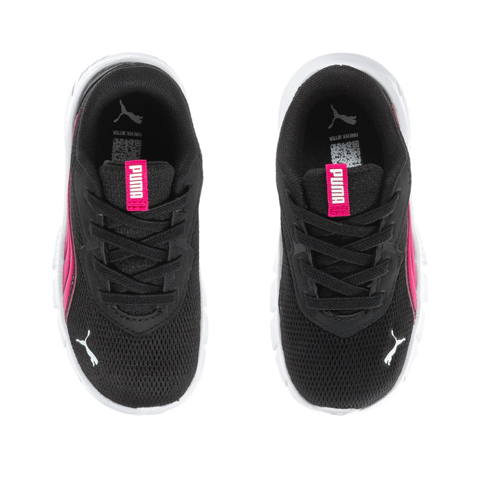 Black toddler sneakers, tongue label and Puma logo with pink heel accents