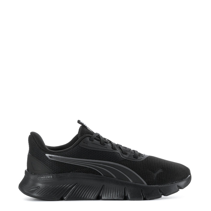 Black women's running shoes with mesh upper, lace-up front, and gray stripe detail.