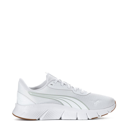 White knit running shoes for women with gray logo and gum rubber sole