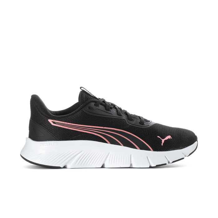 Black women's running shoe with pink side stripes and white cushioned sole