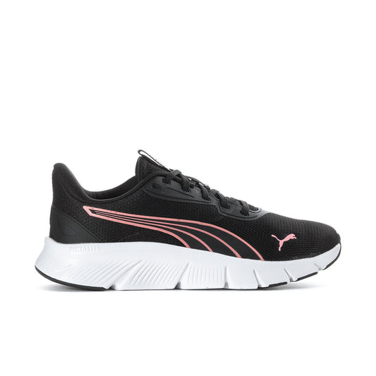 Black women's running shoe with pink side stripes and white cushioned sole