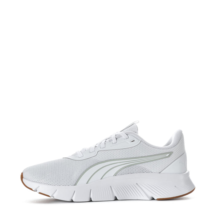 White knit running shoes for women, side view with gum outsole and logo stripe