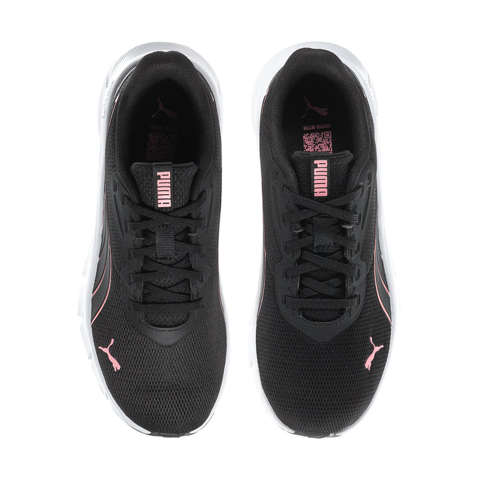 Black women's running shoes showing laces and inner tongue with PUMA logo