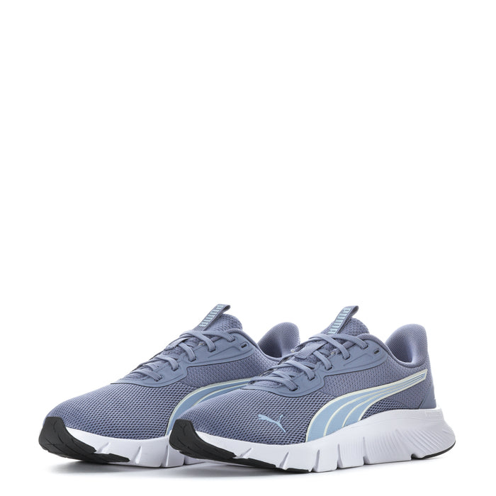 Women's Puma FlexFocus Lite running shoes, blue mesh upper, white outsole, lace-up design.