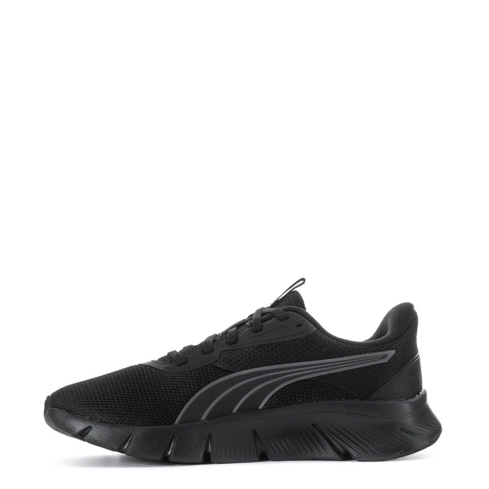 Black lace-up running shoe with gray curved stripe and thick sculpted midsole.