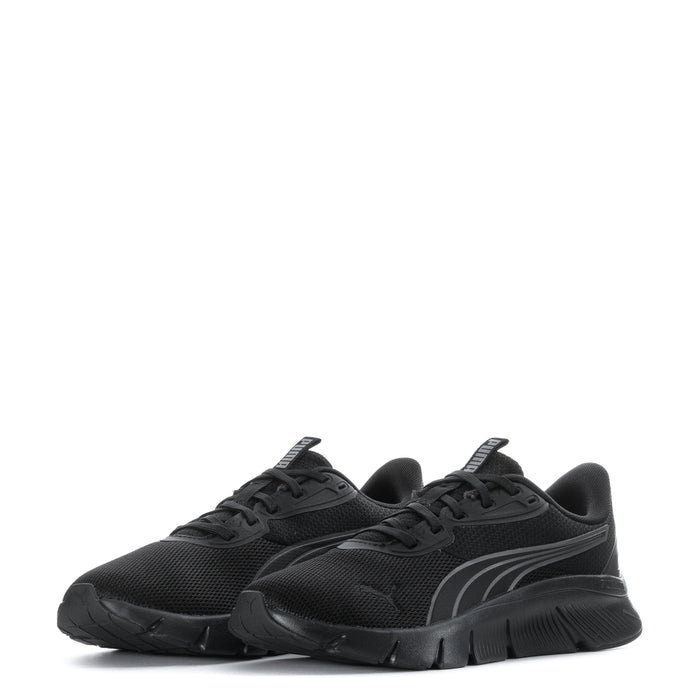 Pair of black lace-up running shoes with gray stripe accents and ridged sole.