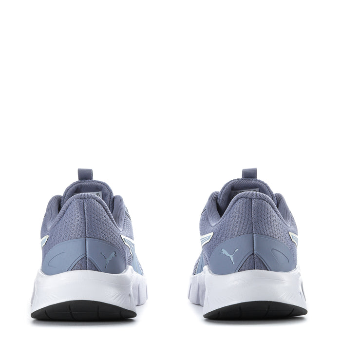 Women's Puma FlexFocus Lite shoes, blue knit heel, white sole and rear pull tab.