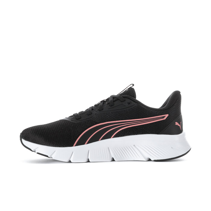 Black women's lace-up running shoe with pink stripes and white cushioned sole